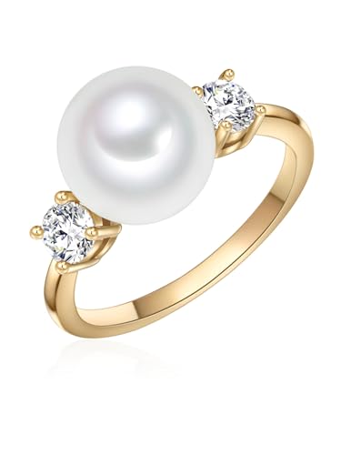Lulu & Jane Damen-Ring aus Messing gelbvergoldet mit Muschelkernperle Rund 10 mm weiß und Zirkonia - Perlenring von Lulu & Jane