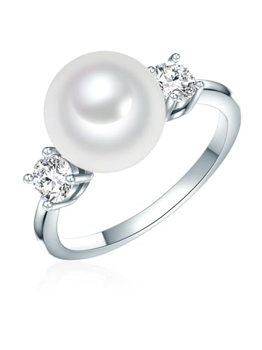 Lulu & Jane Damen-Ring aus Messing silber mit Muschelkernperle Rund 10 mm weiß und Zirkonia - Perlenring von Lulu & Jane
