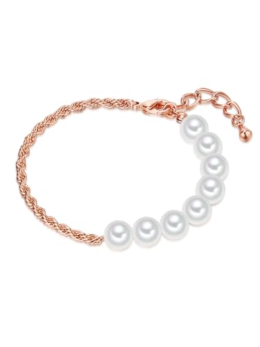Lulu & Jane Damen Armband aus Messing rosévergoldet 14 Karat mit Muschelkernperle ca. 7,5-8,5 mm Perlenarmband von Lulu & Jane