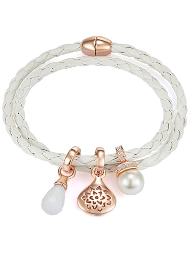Lulu & Jane Damen Lederarmband Leder (synth.) weiß mit Glas/Perle (synth.) - Armband mit Kristallen von Lulu & Jane