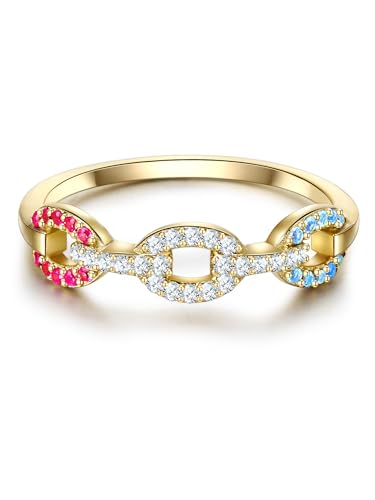 Lulu & Jane Damen Ring aus Messing gelbvergoldet 14 Karat mit Zirkonia pink weiß hellblau Modeschmuckring von Lulu & Jane