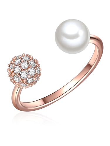 Lulu & Jane Damen-Ring aus Messing rosévergoldet mit Muschelkernperle Rund 6 mm weiß und Zirkonia - Perlenring offen von Lulu & Jane