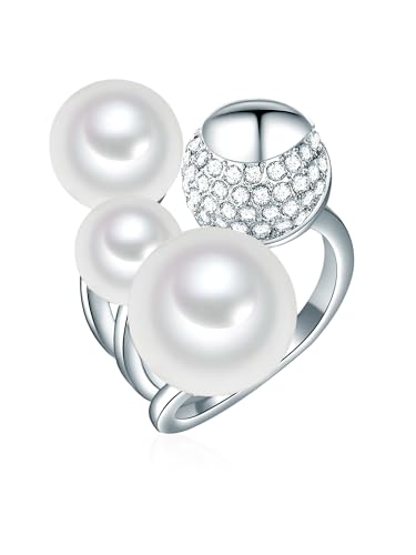 Lulu & Jane Damen-Ring aus Messing silber mit Muschelkernperlen Rund 8-12 mm weiß Glassteine - Perlenring Cocktailring von Lulu & Jane