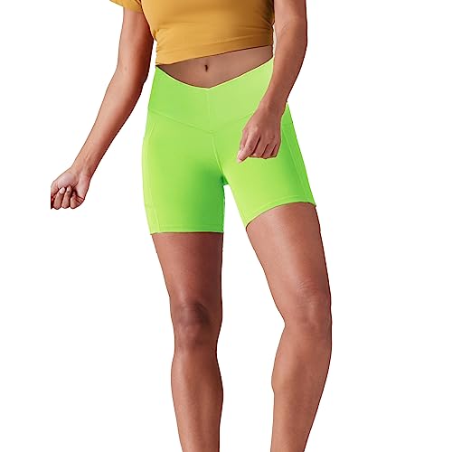 Lulucheri Radlerhose Damen V Cross Waist Kurze Sporthose Leggings Mit Taschen Sport Yoga Biker Shorts für Gym Training, Fitness, Alltag - 13cm(M, Lime Grün) von Lulucheri