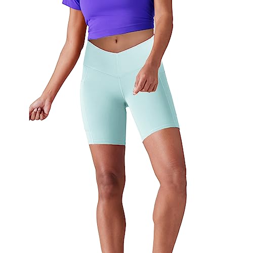 Lulucheri Radlerhose Damen V Cross Waist Kurze Sporthose Leggings Mit Taschen Sport Yoga Biker Shorts für Gym Training, Fitness, Alltag - 18cm(S, Kreide Blau) von Lulucheri