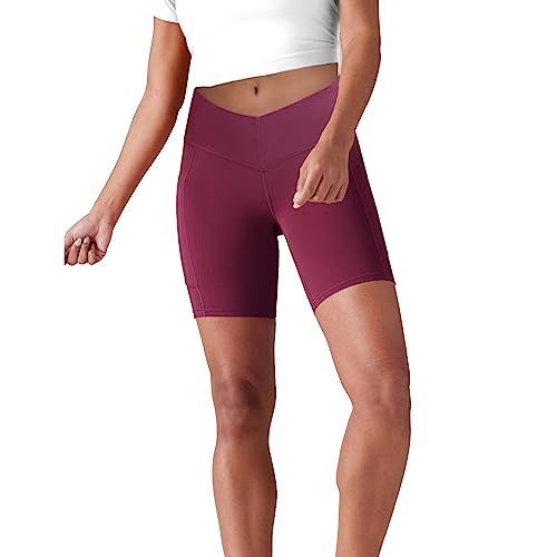 Lulucheri Radlerhose Damen V Cross Waist Kurze Sporthose Leggings Mit Taschen Sport Yoga Biker Shorts für Gym Training, Fitness, Alltag - 18cm(S, Magenta) von Lulucheri