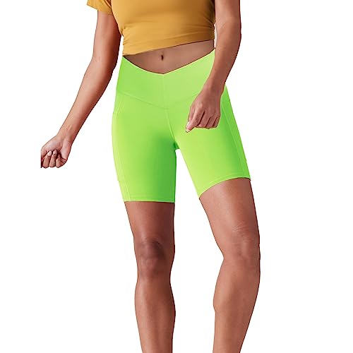 Lulucheri Radlerhose Damen V Cross Waist Kurze Sporthose Leggings Mit Taschen Sport Yoga Biker Shorts für Gym Training, Fitness, Alltag - 18cm(XL, Lime Grün) von Lulucheri