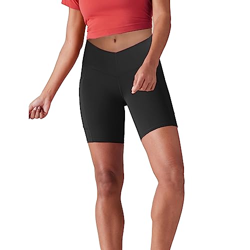 Lulucheri Radlerhose Damen V Cross Waist Kurze Sporthose Leggings Mit Taschen Sport Yoga Biker Shorts für Gym Training, Fitness, Alltag - 18cm(XXL, Schwarz) von Lulucheri