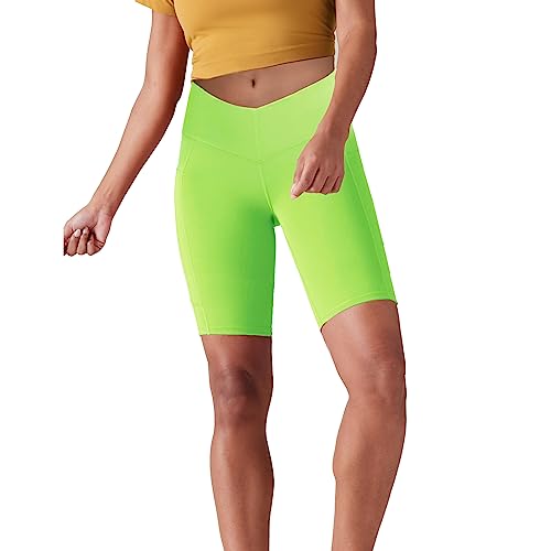 Lulucheri Radlerhose Damen V Cross Waist Kurze Sporthose Leggings Mit Taschen Sport Yoga Biker Shorts für Gym Training, Fitness, Alltag - 23cm(XL, Lime Grün) von Lulucheri