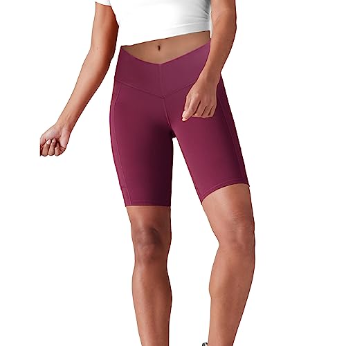 Lulucheri Radlerhose Damen V Cross Waist Kurze Sporthose Leggings Mit Taschen Sport Yoga Biker Shorts für Gym Training, Fitness, Alltag - 23cm(XXL, Magenta) von Lulucheri