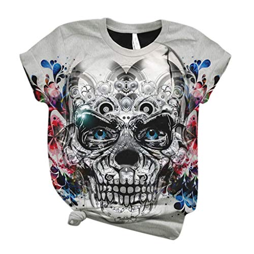 Lulupi Damen 3D Druck T-Shirt Lustig Totenkopf Skull Tshirt Buntes Sommer Tops Kurzarm Oversize Lose Shirt Lässig Rundhals Oberteile von Lulup