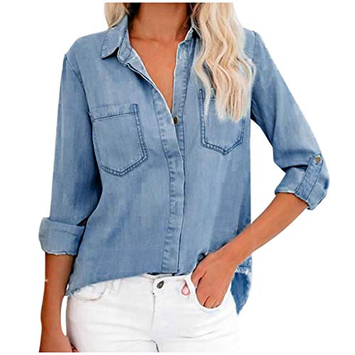 Lulupi Damen Bluse Langarm Hemd Shirt 3/4 Arm Jeansbluse Casual Elegant Jeanshemd V Ausschnitt Denim Hemdbluse Frauen Langarmshirt Oberteil Tops von Lulup