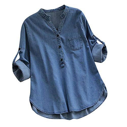 Lulupi Damen Jeansbluse Langarm Bluse Shirt Henley Langarmshirt V-Ausschnitt 3/4 Arm Oberteile Tshirt Elegant Jeanshemd Casual Denim Blusenshirt Lang Hemd Tops von Lulup