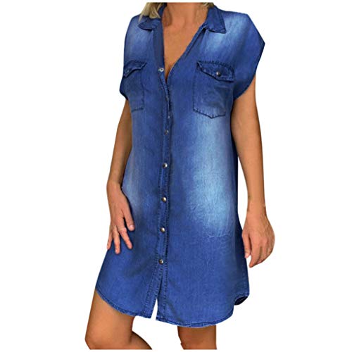 Lulupi Damen Mini Jeanskleid Jeans Hemdkleid Minikleid Ärmelloses Denim Kleid Knielang Sommerkleid Strandkleid Knopfleiste Lang Hemdbluse Hemd Kleider (Blau,XL) von Lulup