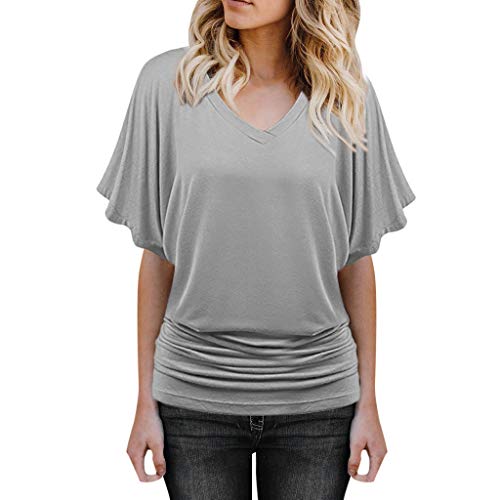 Lulupi Damen Shirt Fledermaus V-Ausschnitt Blusenshirt Ruffles Kurzarm Bluse Tunika Übergröße Elegant Oberteile Locker Lässig Tops von Lulup