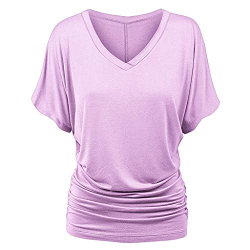 Lulupi Damen Shirt Fledermaus V-Ausschnitt Blusenshirt Ruffles Kurzarm Bluse Tunika Übergröße Elegant Oberteile Locker Lässig Tops von Lulup