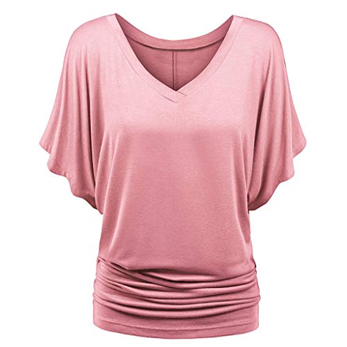 Lulupi Damen Shirt Fledermaus V-Ausschnitt Blusenshirt Ruffles Kurzarm Bluse Tunika Übergröße Elegant Oberteile Locker Lässig Tops von Lulup