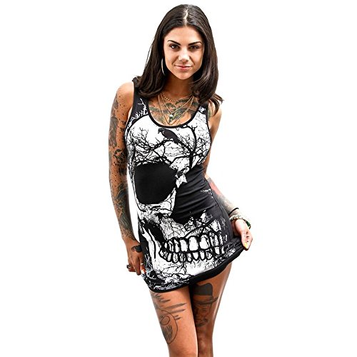 Lulupi Damen T-Shirt Kleid Sexy Totenkopf Minikleid Kurzarm Mini Sommerkleid Rundhals Ärmellos Longshirt Longtop Strand Partykleid Halloween Karneval Festliche Kleider von Lulup