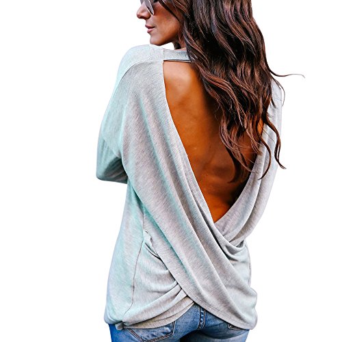 Lulupi Tshirt Damen Langarm Rückenfreie Shirt Sexy Pullover Oberteil V Ausschnitt Tops Frühling Herbst Lose Bluse Frauen Elegant Langarmshirt T-Shirt von Lulup