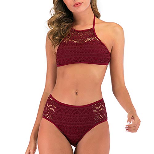 Lulupi Bademode Damen Spitze Bikini Set Push Up High Neck Badeanzug mit Netz, Brazilian Bikini Frauen Neckholder Halter Zweiteiliger Badeanzüge Monokini Sport Schwimmanzug Beachwear von Lulupi