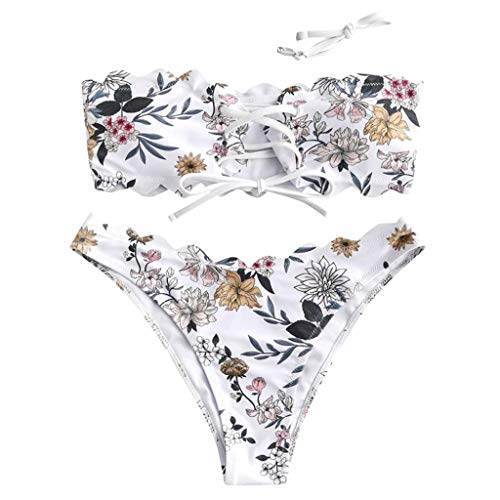 Lulupi Damen Bikini Set Bandeau Blumen Druck Badeanzug Verstellbarer Schnürung Push-Up Bikini Oberteil Trägerlos Zweiteiler Bademode Strandmode Schwimmanzug von Lulupi