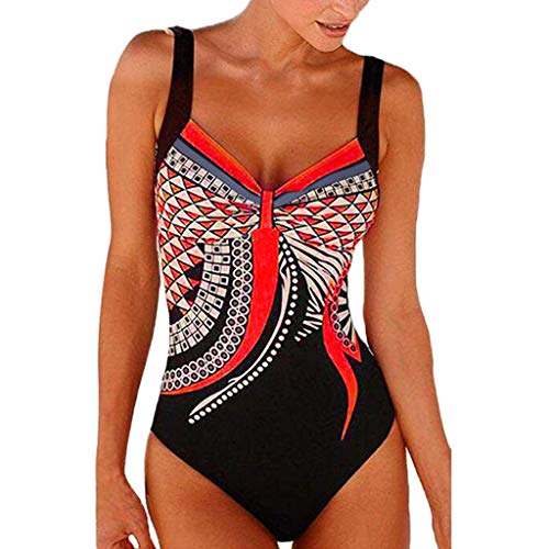 Lulupi Damen Einteiler Badeanzug Retro Aufdruck Muster Bademode Schwimmanzug Frauen Sport Figurformender Push Up Bikini Monokini Elegant Bauchweg Strandmode Swimsuits, Rot, XL von Lulupi