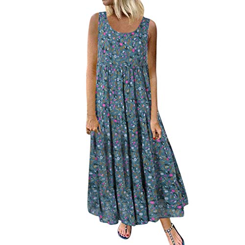 Lulupi Damen Leinenkleid Lang Maxikleid Damen Boho Ärmellos Vintage Geblümtes Übergröße Casual Kleid Elegante Freizeitkleid Standkleid Sommerkleid von Lulupi