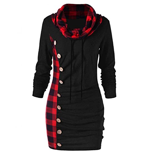 Lulupi Damen Pullover Herbst Winter Rollkragen Karierte Langarmshirt Oversize Sweatshirt Frauen Beiläufige Unregelmäßige Lange Karo Pulli Kleid Tunika Oberteil Gr.34-48 von Lulupi