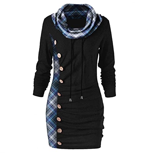 Lulupi Damen Pulloverkleid Karo Pullover Hoodie Cross Over Kragen Longpullover Asymmetrisch Shirt Oberteile Tunika Slim Fit Pulli Sweatshirt mit Kapuze von Lulupi