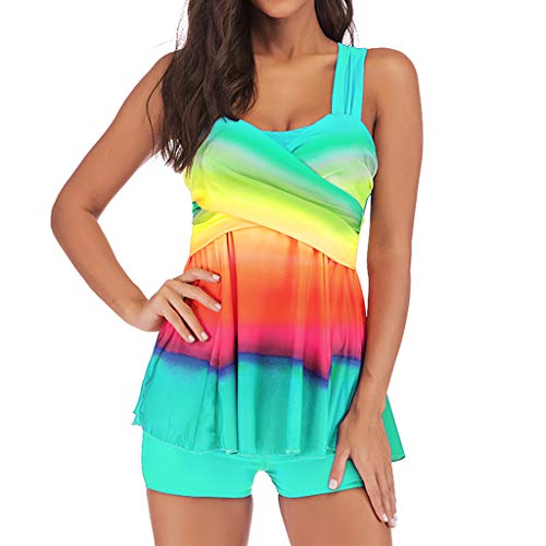 Lulupi Damen Übergröße Regenbogen Tankini Badeanzug Frauen Plus Size Bunt Zweiteiler Bademode Gepolstert Cups Strandmode Badekleid Badeanzüge Bikini Set S-5XL von Lulupi