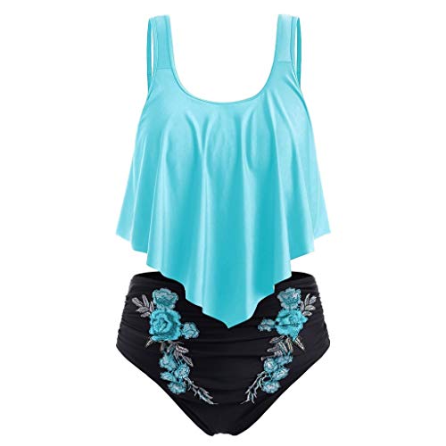 Lulupi Damen Zweiteiliger High Waist Bauchweg Bikini Tankini Set Vintage Blumen Volant Badeanzug Große Größen Push Up Bademode Beachwear Strandmode Gr.L-5XL von Lulupi