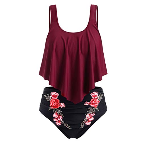 Lulupi Damen Zweiteiliger High Waist Bauchweg Bikini Tankini Set Vintage Blumen Volant Badeanzug Große Größen Push Up Bademode Beachwear Strandmode Gr.L-5XL von Lulupi