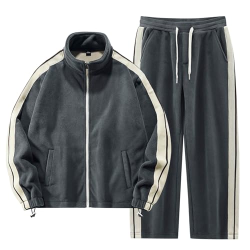 Lulupi Herren Fleece Trainingsanzug Jogginganzug Trainingsanzug Sportanzug Reißverschluss Winter Outfit Stehkragen Jacke und Hose Zweiteiliger Sportswear A-Grey XL, A-Grey, XL von Lulupi