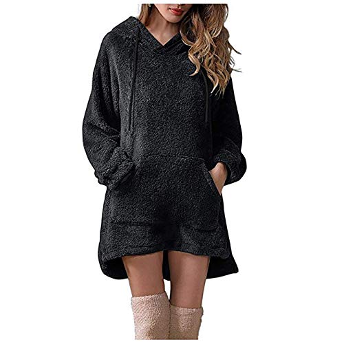 Lulupi Hoodie Kleid Damen Teddy Fleece Plüschmantel, Herbst Winter Pulloverkleid mit Kapuze Langarm Plüschjacke Strickkleid Frauen Sweatshirt Kapuzenpullover von Lulupi