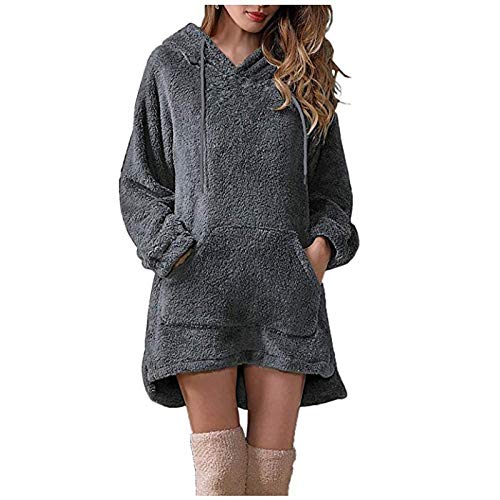 Lulupi Hoodie Kleid Damen Teddy Fleece Plüschmantel, Herbst Winter Pulloverkleid mit Kapuze Langarm Plüschjacke Strickkleid Frauen Sweatshirt Kapuzenpullover von Lulupi