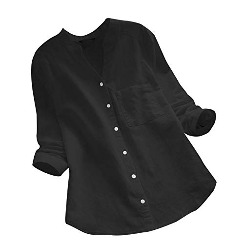 Lulupi Leinen Bluse Shirt Damen V-Ausschnitt Button Down Hemdbluse Longbluse Frühling Sommer Leinenhemd Langarm Longshirt Blusenjacke Tunika Tops Oberteil von Lulupi