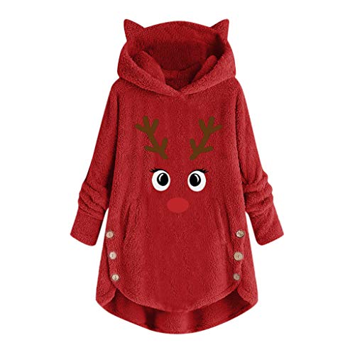 Lulupi Weihnachtspullover Damen Langer Hoodie Pullover mit Kapuze Xmas Rentier Fleecemantel Teddy Plüschmantel Christmas Sweater Jumper Kapuzenpulli Große Größen von Lulupi