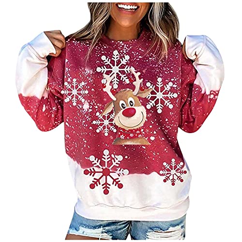 Lulupi Weihnachtspullover Damen Weihnachts Hoodie Sweatshirt, Lustige Hässliche Christmas Pullover Rentier Schneemann Weihnachtspulli Kapuzenpullover mit Weihnachtsmotiv (W#D-Red, M) von Lulupi