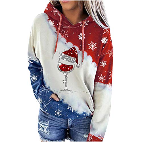 Lulupi Weihnachtspullover Damen Weihnachts Hoodie Sweatshirt, Lustige Hässliche Christmas Pullover Rentier Schneemann Weihnachtspulli Kapuzenpullover mit Weihnachtsmotiv (W#I-Wine, M) von Lulupi