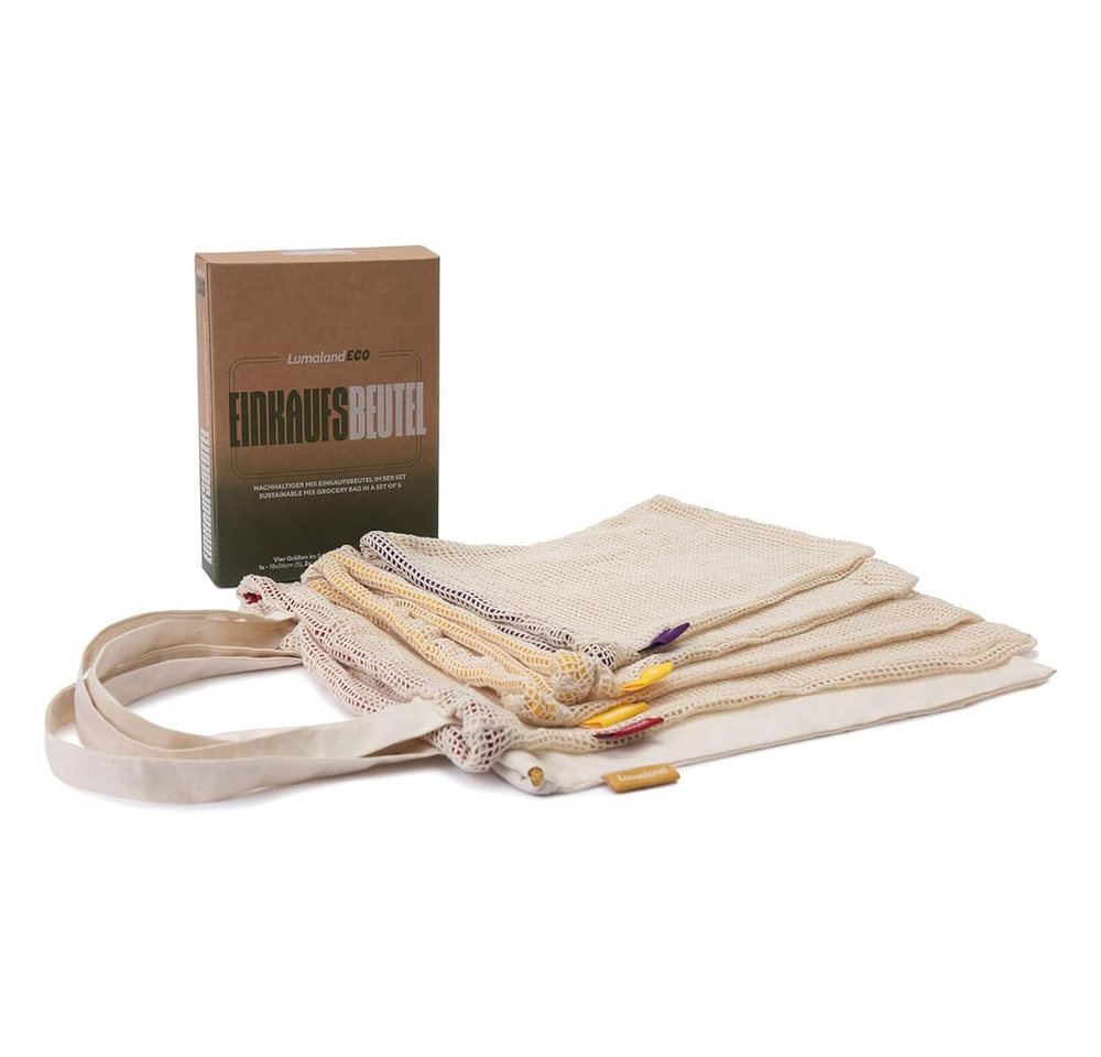 Lumaland Einkaufsbeutel 100% Baumwolle - 4er-Set, 100% pflanzlich ohne Plastik und ohne Einlaufen nach Waschen von Lumaland