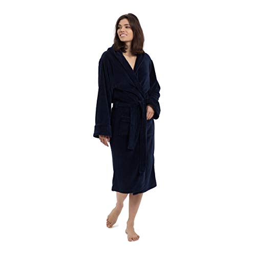 Lumaland Luxury Mikrofaser Bademantel mit Kapuze für Damen und Herren verschiedene Größen und Farben Navy Blue M von Lumaland