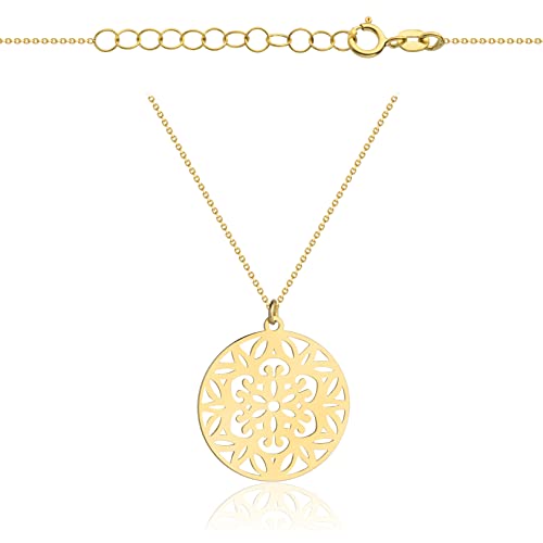 Goldene Damen Halskette 333 8k Gold Gelbgold Kette mit Anhänger Mandala Blume Gravur von Lumari Gold