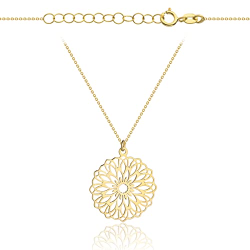 Goldene Damen Halskette 333 8k Gold Gelbgold Kette mit Anhänger Mandala Blume Gravur von Lumari Gold