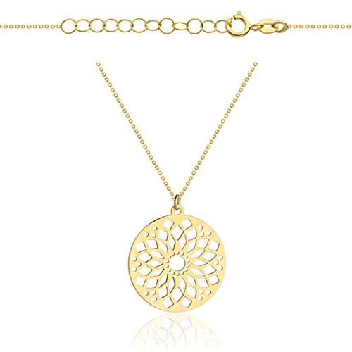 Goldene Damen Halskette 333 8k Gold Gelbgold Kette mit Anhänger Mandala Blume Gravur von Lumari Gold