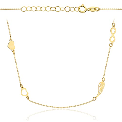 Goldene Damen Halskette 333 8k Gold Gelbgold Kette mit Anhänger Unendlichkeit Engelsflügel Herz Gravur von Lumari Gold