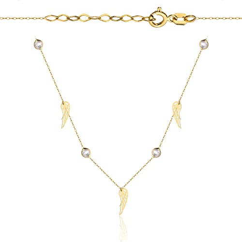 Goldene Damen Halskette 585 14k Gold Gelbgold Kette mit Anhänger Engelsflügel Zirkonia Gravur von Lumari Gold