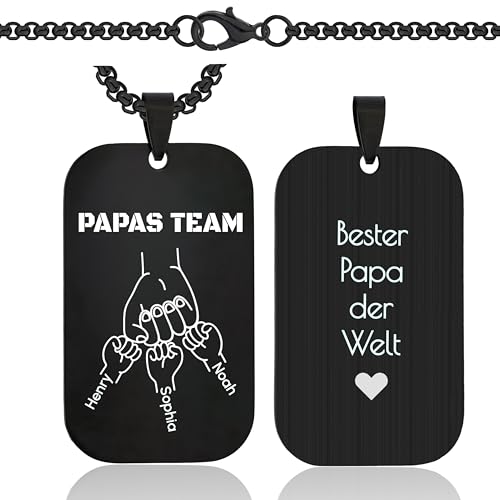Lumari Gold Personalisierte Halskette Herren mit Gravur - Dog Tag Papa & Kindernamen, Anhänger Geschenk für Vatertag, Geburtstag - ID Kette, Schwarz von Lumari Gold