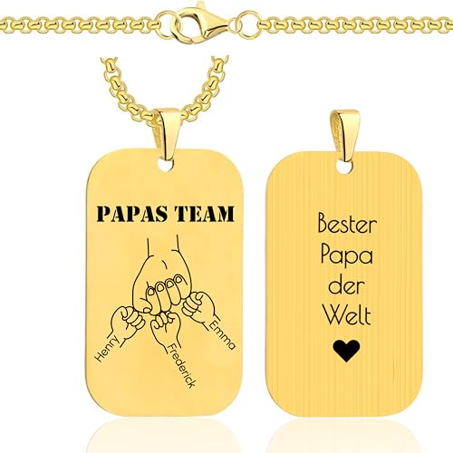 Lumari Gold Personalisierte Halskette Herren mit Gravur - Dog Tag Papa & Kindernamen, Anhänger Geschenk für Vatertag, Geburtstag - ID Kette, Gold von Lumari Gold