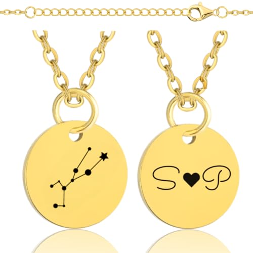 Lumari Gold Personalisierte Sternzeichen Halskette mit Gravur – Medaillon mit Sternbildern, Edelstahl Anhänger Gold hypoallergen – Geschenk für Damen & Herren von Lumari Gold