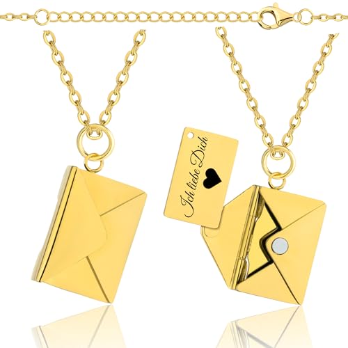 Lumari Gold Personalisierte Halskette mit Briefumschlag-Anhänger zum Öffnen - Foto Medaillon mit Gravur innen - Edelstahl Kette Geschenkidee Damen Herren, Gold von Lumari Gold
